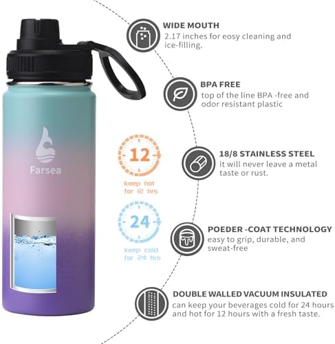 Farsea Insulated Water Bottle With Paracord Handle, Protective Boot and 2 Lids (Straw Lid & Spout Lid), Stainless Steel Water Bottle Wide Mouth, Double Wall Sweat-Proof BPA-Free, 18 oz