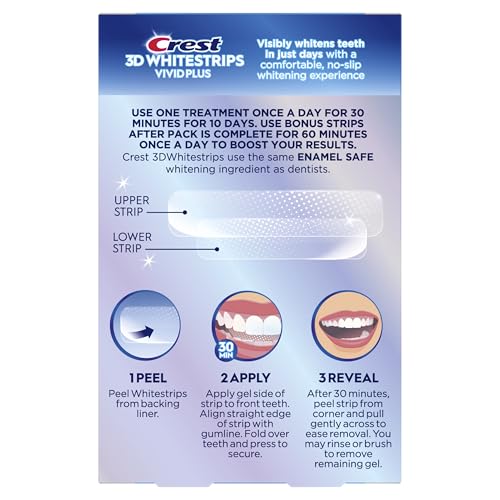 Crest 3D Whitestrips Vivid Plus, Teeth Whitening Strip Kit, 10 Treatments + 2 Bonus Treatments (Each with 1 Upper/1 Lower Strip), 24 Strips, 8 Levels Whiter, Teeth Whitening Kit