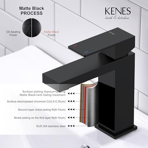 KENES Matte Black Single Handle Bathroom Sink Faucet, Stainless Steel Vanity Faucet for Bathroom Sink, with Pop Up Drain Stopper & Water Supply Hoses LJ-9031-2