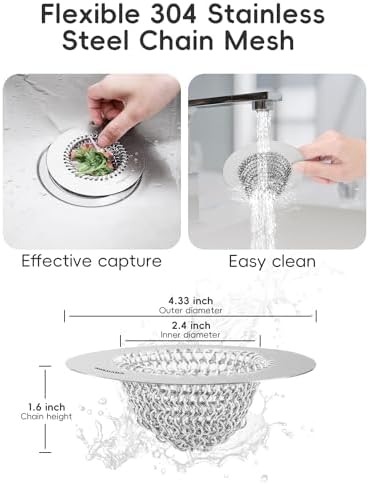 2 PCS Kitchen Sink Drain Strainer, Flippable Mesh Sink Strainer, 304 Stainless Steel Sink Screen, Easy Clean Large Basket Strainer, Anti-Clog Garbage Disposal Cover Fit for Standard Sink Drain