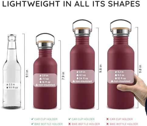 Bambaw Non-insulated 32 oz Water Bottle, Reusable Water Bottle Red, Single Wall Stainless Steel Water Bottle, Travel Water Bottle 32oz, Metal Water Bottle with Handle – Red Berry