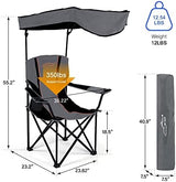 FAIR WIND Oversized Camping Lounge Chair with Adjustable Shade Canopy, Heavy Duty Quad Fold Chair Arm Chair - Support 350 LBS (Black Grey)