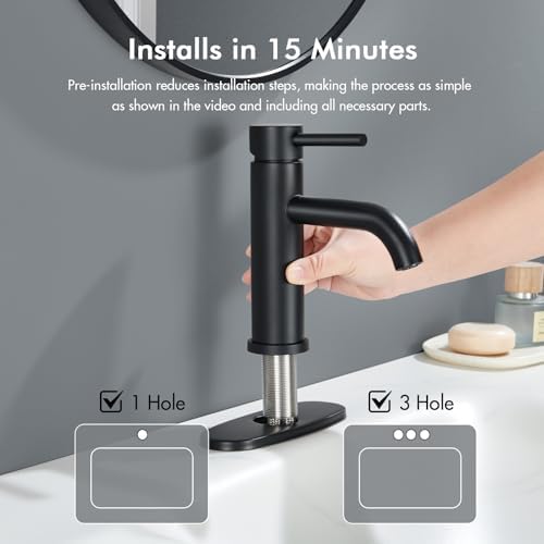 Black Bathroom Faucet, WINKEAR Single Hole Bathroom Faucet with Pop-up Drain and Flexible Hoses, Single Handle Faucet for Bathroom Sink, Vanity, RV, Modern Farmhouse, Suitable for 1 Hole or 3 Hole