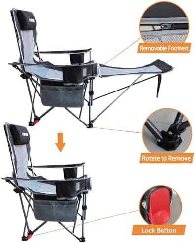 Reclining Camping Chair with Removable Footrest Lounge Chair with Headrest, Cotton Cushion, Portable Adjustable Folding Chairs for Adults Black