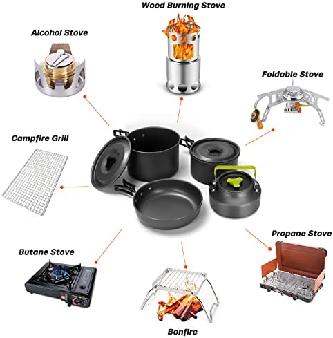 Odoland 29pcs Camping Cookware Mess Kit, Non-Stick Lightweight Pots Pan Kettle, Collapsible Water Container and Bucket, Stainless Steel Cups Plates Forks Knives Spoons for Outdoor Backpacking Picnic