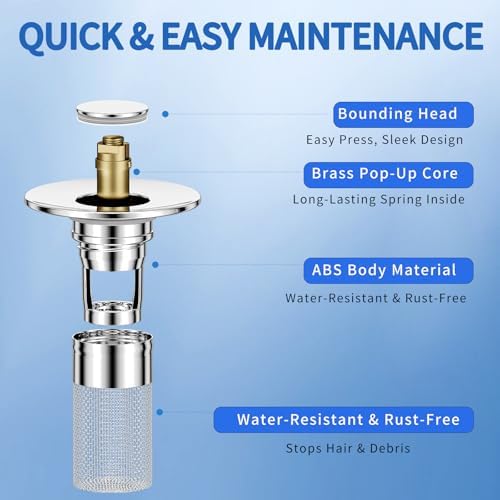 Bathroom Sink Drain Strainer, Pop-Up Bathroom Sink Stopper with Removable Stainless Steel Hair Catcher Basket, Universal Fit for US Bathroom Sinks, Bathtubs, Showers & Floor Drains (4 Pack)