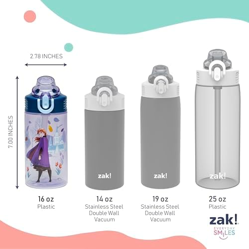 Zak Designs Disney Frozen Sage Kids Water Bottle For School or Travel, 16oz Durable Plastic Water Bottle With Straw, Handle, and Leak-Proof, Pop-Up Spout Cover, 2-Pack Set (Anna & Elsa)