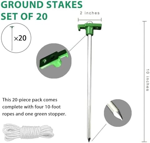 Eurmax USA Galvanized Non-Rust Camping Family Tent Pop Up Tent Stakes Ice Tools Heavy Duty 20pc-Pack, with 4x10ft Ropes & 1 Green Stopper