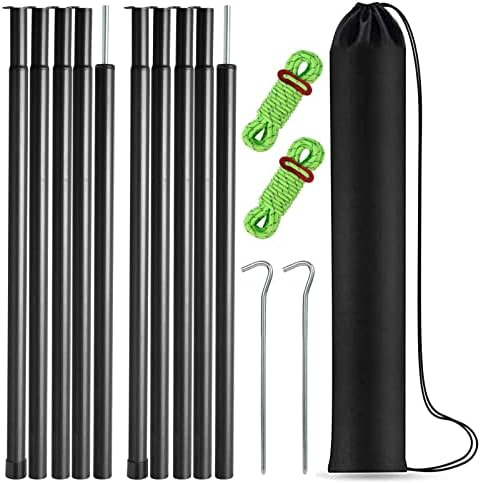 Tent Poles Adjustable Tarp Poles Steel Rods for Tarp Canopy Camping Replacement Set of 2 +Pegs & Reflective Ropes