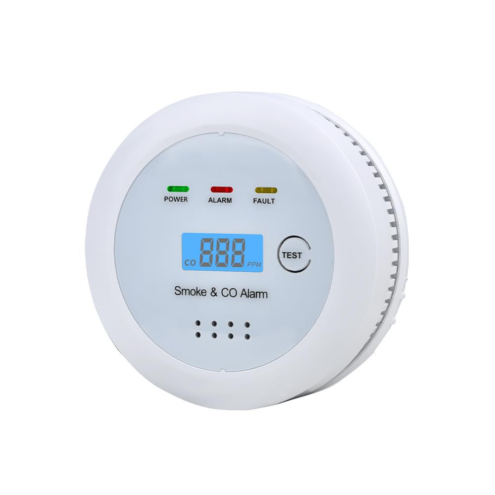 2 in1 Smoke Detector Carbon Monoxide Detector Combo,with LCD Digital Display and Sound Warning Test Button，Battery Powered，Easy Installation, for Home, Bedroom, Kitchen (1PACK)