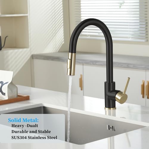 Havin Gold and Black Kitchen Faucet with Pull Down Sprayer, High Arc Stainless Steel Material, with cUPC Ceramic Cartridge,Without Deck Plate,Fit for 1 Hole Kitchen Sink or Laundry Sink