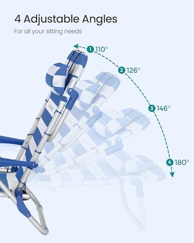 SONGMICS Portable Backpack Beach Chair, 331 lb Capacity, 4 Angles Adjustable Backrest, 2 Side Pockets, Towel Bar, Blue and White UGCB62BU