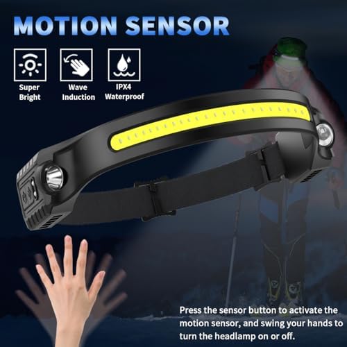 Headlamp Rechargeable 5Pack, 230° Wide Beam Head Lamp with 2 Spotlights, LED Headlamp with Motion Sensor, 5Mode Rechargeable Headlamp, Head Lights for Forehead, Headlamps for Adults Running Hard Hat