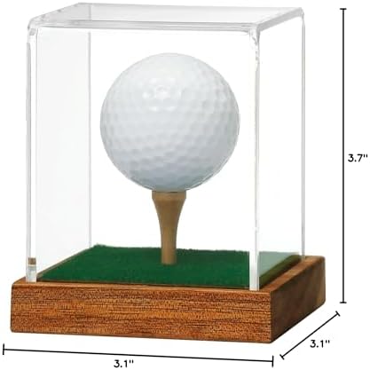 JupDec Golf Ball Display Case Clear Acrylic Memorabilia Stand Cube Holder with Wood Base & Tee, Dust Protection Transparent Storage Box for Single Ball Souvenir Golfball Collections, Brown, 1 Pack