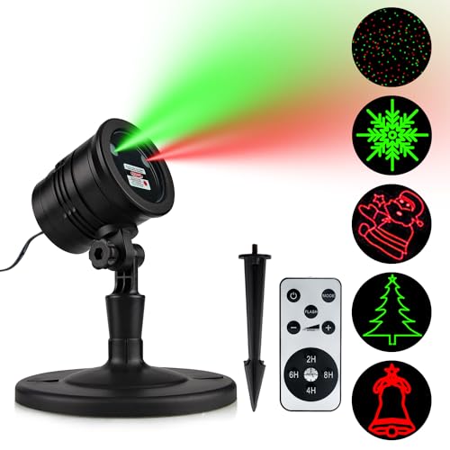 Christmas Laser Lights, Projector Lights Landscape Spotlight Red and Green Star Show with Christmas Decorative Patterns for Indoor Outdoor Garden Patio Wall