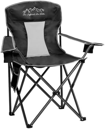 Collapsible Folding Camping Chairs Heavy Duty Lawn Foldable Chair with Cooler Bag, Storage Pocket, Waterproof Bag Outdoor Arm Sport Chair, Supports 325LBS, Black