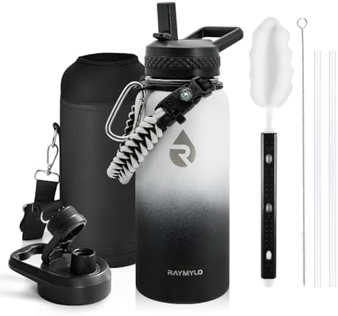 Insulated Water Bottle 32 oz, Triple Wall Vacuum Stainless Steel (Cold for 48 Hrs), Leak Proof & Non-BPA, Modern Water Flask Jug with Paracord Handle & Straw Spout Lids, Ombre: White/Black
