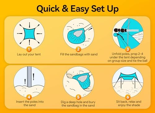 Beach Tent, Camping Sun Shelter 10 x 10ft, with 4 Sandbags, UPF50+, Includes Sand Shovel, Ground Pegs & Stability Poles, Pop Up Beach Canopy Sunshade for Fishing, Backyard Fun or Picnics (Cyan)