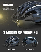 VICTGOAL Bike Helmet with USB Rechargeable Rear Light Detachable Magnetic Goggles Removable Sun Visor Mountain & Road Bicycle Helmets for Men Women Adult Cycling Helmets