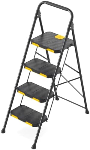 KINGRACK 4 Step Ladder, Sturdy Steel Step Stool with Safe-Lock Design, Handrail, Anti-Slip Wide Pedals, Pass 800lbs Load Testing, Folding Portable Ladder for Multi-Purpose, Home, Kitchen, Black