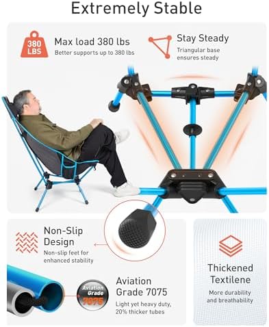 TOURIT Folding Beach Chair with Sunshade, Portable Camping Backpack Chair with Head Support, Low Profile, Lightweight High Back Design for Adults, UPF 50+ Sun Protection, Supports 380 lbs, Black