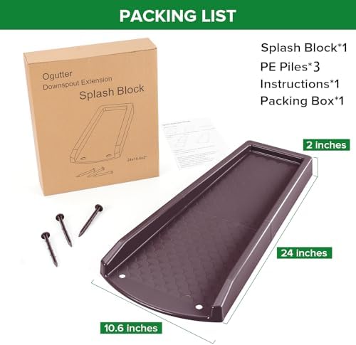Splash Blocks for Gutters Downspouts, 24" Downspout Extensions for Rain Water Drainage, Thickened Gutter Splash Guard with Fixing Piles(1 Pack, Brown)