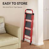 KINGRACK Step Ladder, 3 Step Ladder with with Anti-Slip and Wide Pedal,Portable Foldable Step Stool with Handgrip,Tall Sturdy Step Ladder for Home Kitchen Household,Red
