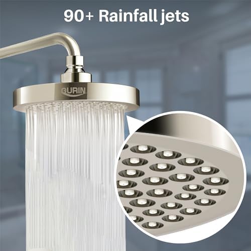 GURIN Shower Head High Pressure Rain, Luxury Bathroom Showerhead with Brushed Nickel Plated Finish, Adjustable Angles, Anti-Clogging Silicone Nozzles