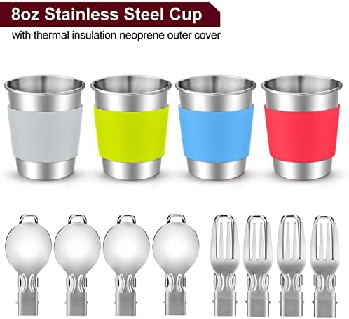 Odoland 22pcs Camping Cookware Mess Kit, Large Size Hanging Pot Pan Kettle with Base Cook Set for 4, Cups Dishes Forks Spoons Kit for Outdoor Camping Hiking Picnic