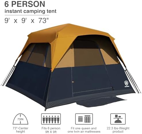 EVER ADVANCED 6 Person Blackout Camping Tent Instant Cabin Tents for Family with Rainfly, 60s Easy Setup, Water-Resistant