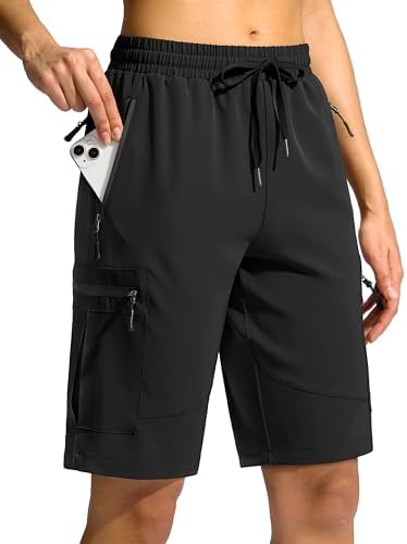 SANTINY Women's 10'' Lightweight Hiking Cargo Shorts with 5 Zipper Pockets Quick Dry Summer Long Travel Golf Shorts for Women