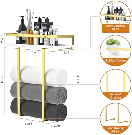 Towel Racks for Bathroom Wall Mounted, Metal Towel Holder with Wooden Shelf for Folding Large Towels, Towel Storage for Small Bathroom Organizer Decor or RV Camping,Gold