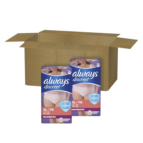 Always Discreet Adult Incontinence Underwear for Women and Postpartum Underwear, Extra Large, Up to 100% Bladder Leak Protection, 64 Count (2 Packs of 32)