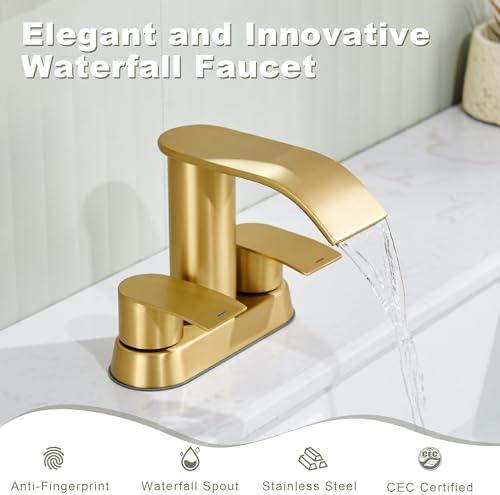 Ultimate Unicorn Bathroom Faucet for Sink Brushed Gold, 4 Inch Bathroom Sink Faucet for 3 Hole or 2 Hole, 2 Handle Waterfall Faucets with Pop up Drain, Centerset Faucets for RV Counter