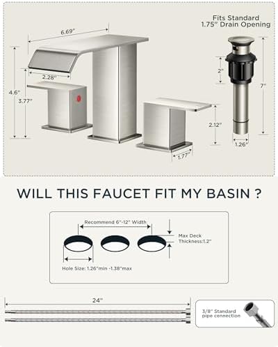 FORIOUS Widespread Bathroom Sink Faucet 3 Hole Brushed Nickel, 2 Handles Waterfall Bathroom Faucet with Metal Pop-up Drain and 24" Hot and Cold Water Hoses, Suitable for Vanity RV Restroom