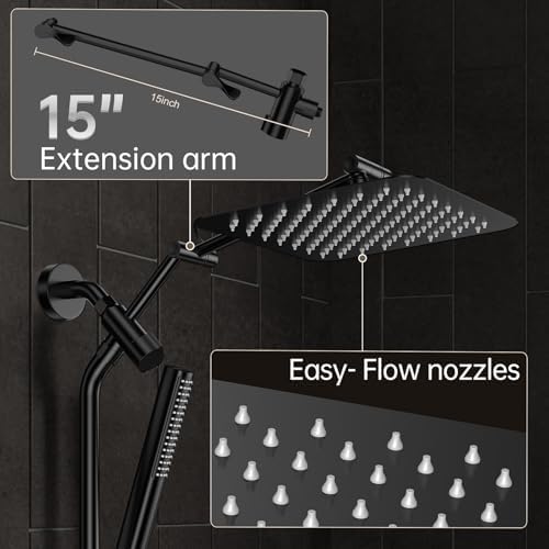 Veken 10" Luxurious All Metal Rain Shower Head with Handheld Spray Combo, High Pressure Rainfall Square Shower Heads with Extension Arm, Wide Dual Showerhead, Bathroom Accessories, Matte Black