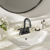 Phiestina 4 Inch 2 Handle Centerset Matte Black Lead-Free Modern Bathroom Faucet, 360 Swivel Spout 2-3 Hole RV Bathroom Vanity Sink Faucet with Pop Up Drain and Water Supply Lines，BF015-1-MB