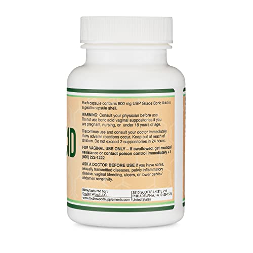 Boric Acid Suppositories (600mg Vaginal Suppository, 60 Count) Supports Vaginal pH Balance, Odor Control (USP Medical Grade Fine Powder, Easy Dissolve, Third Party Tested, Made in USA) by Double Wood