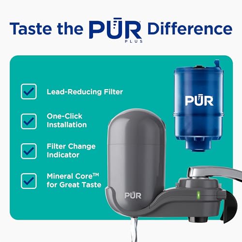 PUR PLUS Vertical Faucet Mount Water Filtration System, Lead-Reducing Filter, Great-Tasting Water, Easy Install, Lasts 100 Gallons, Compatible with Sinks with External Aerators, Grey