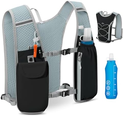 RAINSMORE Running Hydration Vest with 500ml Soft Flask, Waterproof Phone Pocket, Lightweight Hydration Pack, Adjustable No-Bounce Straps for Trail Running, Marathon, Cycling
