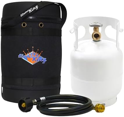 Flame King Gas Hauler Kit - Insulated Protective Carry Case, 5LB Propane Tank and Adapter Hose for Camping and Outdoor Adventures, Black/White