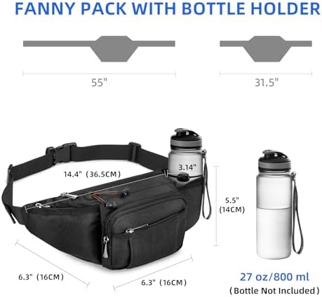 NOOLA Fanny Pack Waist Bag for Men Women, Lightweight Waist Pack with Water Bottle Holder, Adjustable Belt Bag with Multi-Pockets for Hiking, Dog Walking, Outdoor, Cycling, Running, Travel, Black