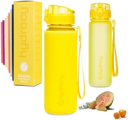 Hydracy Water Bottle with Time Marker -Large BPA Free Water Bottle & No Sweat Sleeve -Leak Proof Gym Bottle with Fruit Infuser Strainer & Times to Drink -Ideal for Fitness Sports & Outdoors