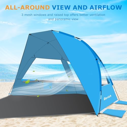 Gorich Portable Beach Tent for 3-6 Person with UPF 50+ UV Protection, Lightweight & Foldable Sun Shelter with 5 Sand Bags, Easy Setup Windproof Beach Umbrella Sun Shade