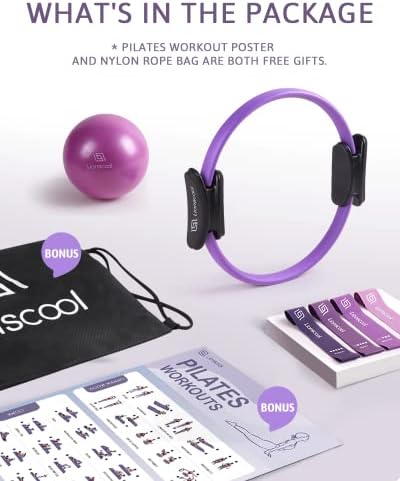 LIONSCOOL Pilates Ring Set – 14" Anti-Deformation Magic Circle with Padded Handles, Mini Ball, Resistance Bands, Guide & Bag