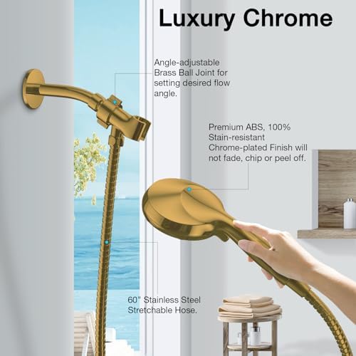 Gold Shower Head with Handheld High Pressure – The High Flow Rain Showerhead with Extra 60" Long Hose and Adjustable Overhead Brass Holder Anti-Clog Silicone Nozzles – Upgrade your Luxurious Bathroom