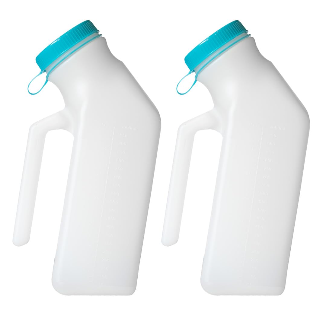 MedVance- Urinals for Men 1000ml with Glow in The Dark Spill Proof Pop Cap Lid, Plastic Pee Bottles for Men, Male Urinals, Pee Container Men, Portable Urinal for Car, Elderly & Incontinence (2 Pack)
