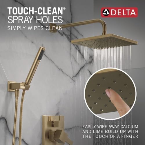 Delta Faucet Modern Raincan 2-Setting Square Shower System Including Rain Shower Head and Handheld Spray Gold, Rainfall Shower System Gold, Shower Valve and Trim Kit, Champagne Bronze 342701-CZ