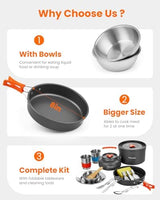 22Pcs Camping Cookware Mess Kit for 2, Lightweight Camping Kitchen Pots and Pans Set, Portable Camping Essentials for Backpacking, Camping Cooking Hiking and Picnic