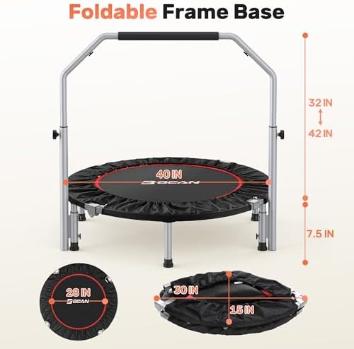 BCAN 40/48" Foldable Mini Trampoline Max Load 330lbs/440lbs, Fitness Rebounder with Adjustable Foam Handle, Exercise Trampoline for Adults Indoor/Garden Workout